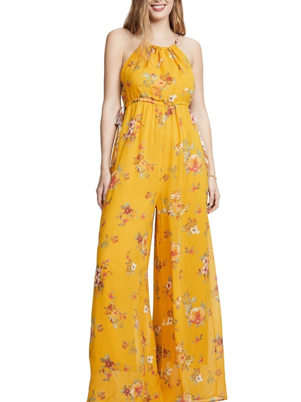 Free People Floral Halter Wide-Leg Jumpsuit in Mustard Yellow